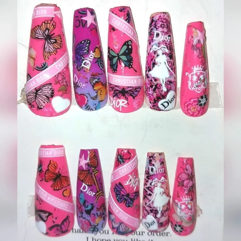 Hand crafted custom print 10pc short acrylic press on nails sz large